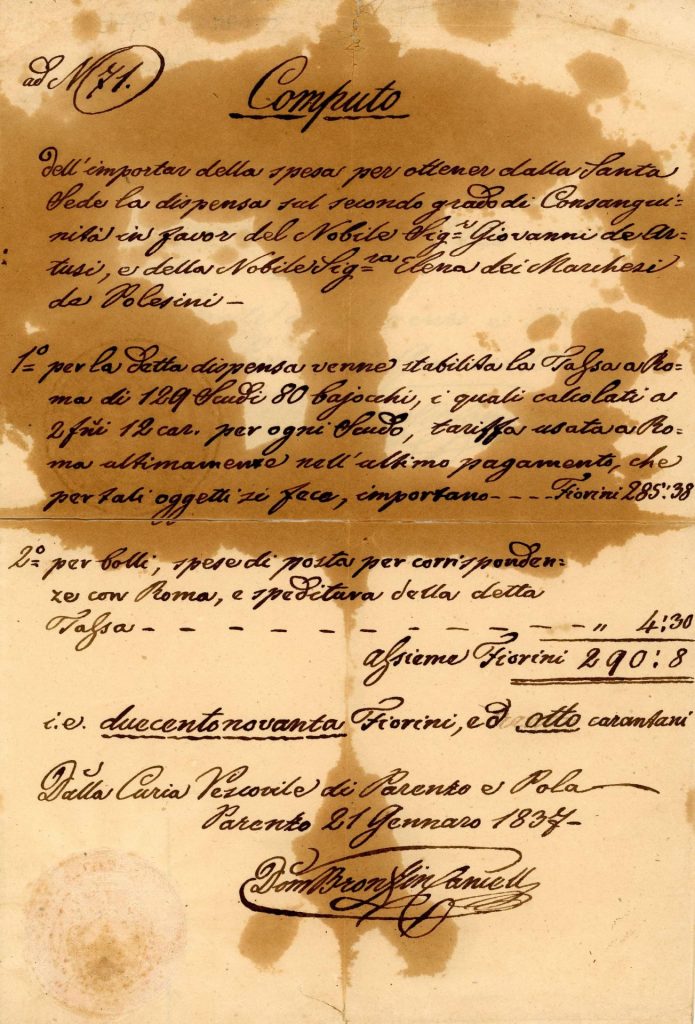 Documento della Curia Vescovile della Diocesi di Parenzo e Pola / Dokument Biskupske kurije Porečke i pulske biskupije, inv. br. 19037-1-2